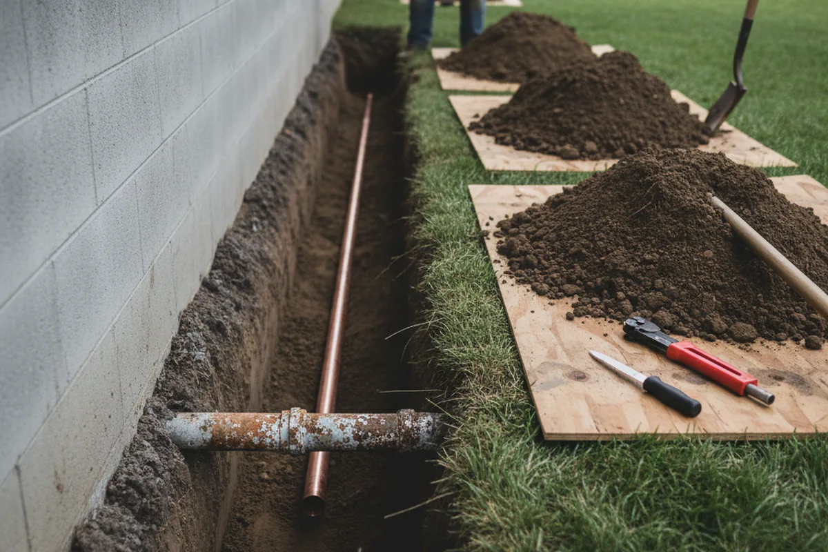 Excavated water line trench during Water Heater Repair in Youngtown